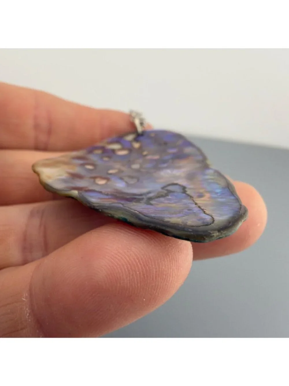 Natural Abalone Shell Pendant Necklace Silver Tone Chain Iridescent 24